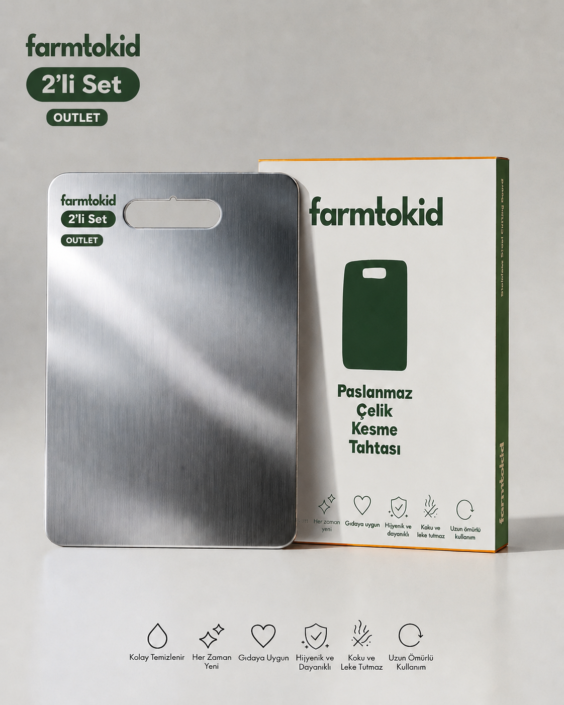 Paslanmaz Çelik Kesme Tahtası 2'li Set – 304 Kalite Outlet Ürün