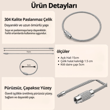 Farmtokid 304 Kalite Paslanmaz Çelik Halat Anahtarlık – Vidalı, 15 cm