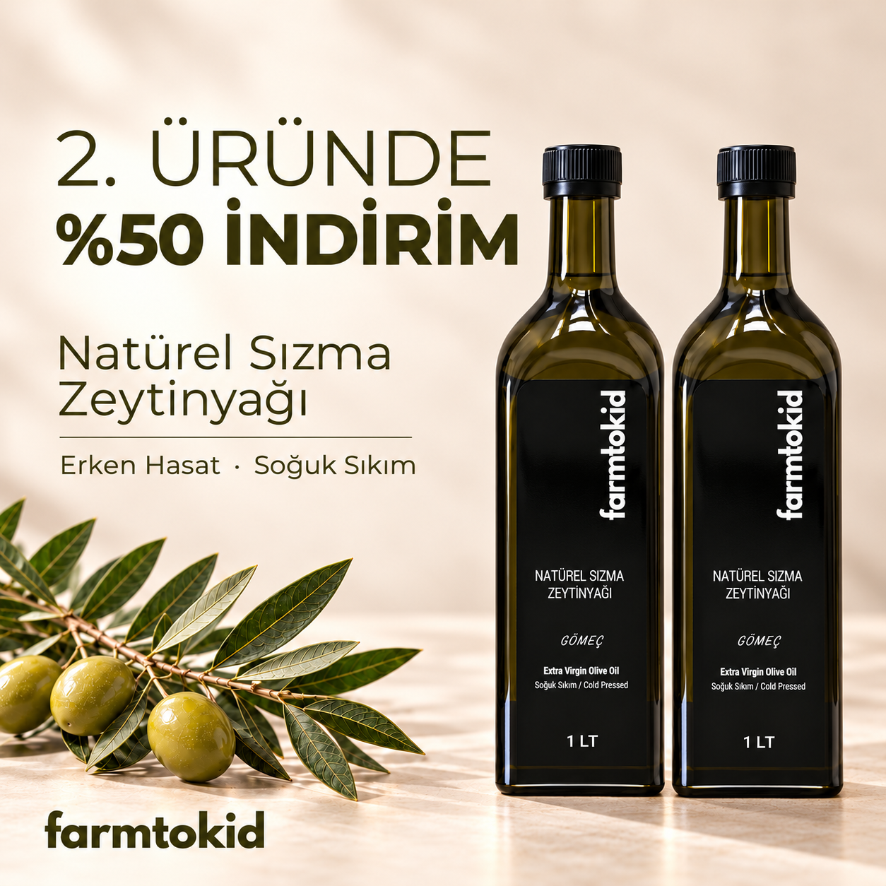 Farmtokid Soğuk Sıkım Natürel Sızma Zeytinyağı 1Lt – 2. Ürüne %50 İndirim
