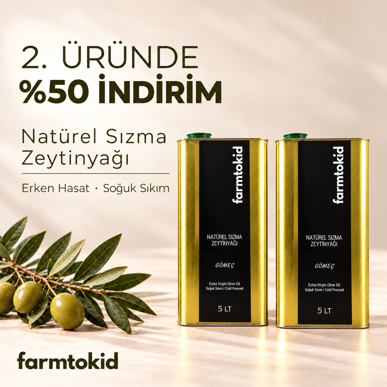 Farmtokid Soğuk Sıkım Natürel Sızma Zeytinyağı 5Lt – 2. Ürüne %50 İndirim